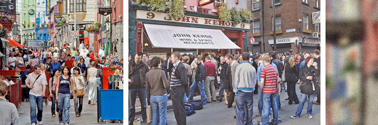 Left: (Richard Derk) The pedestrian mall in Galway is a busy, bustling place. Right: (Stephen Saks / Getty Images) People drink on Grafton Street after work outside of John Kehoe, a very popular pub that often draws a crowd that spills out to the street.